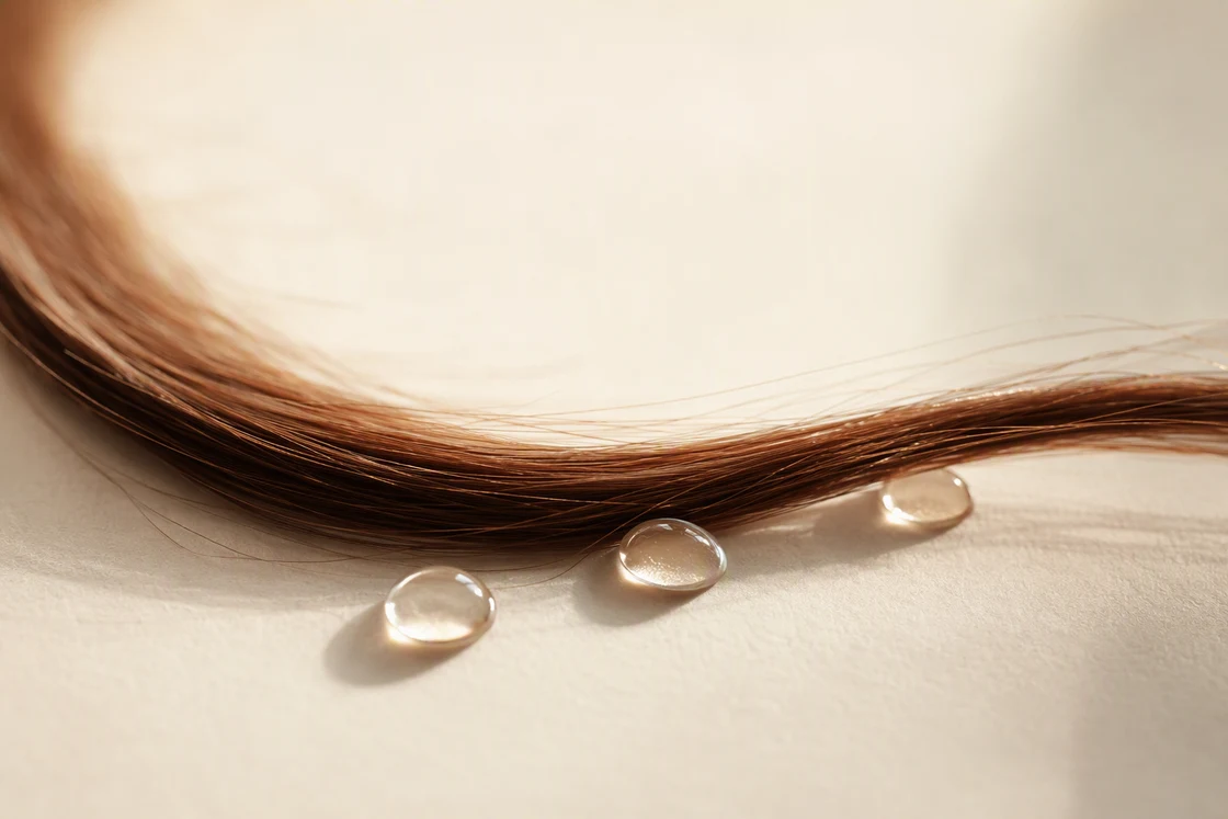 Macro of a single hair strand with water droplets on warm paper