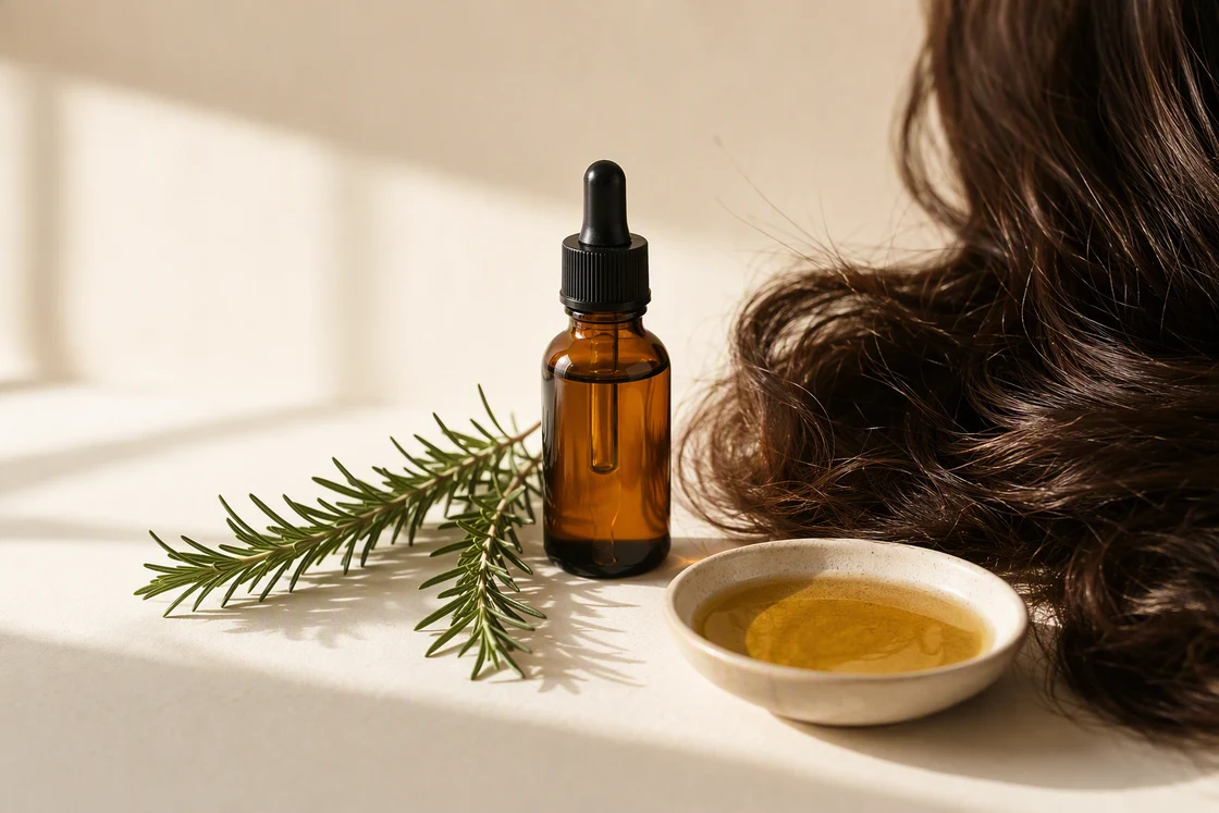 Amber dropper bottle beside fresh rosemary sprigs and a dish of oil